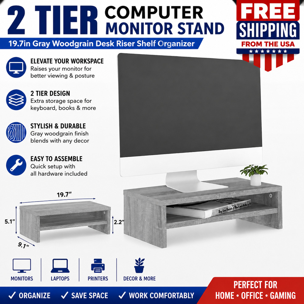 2 Tier Computer Monitor Stand 19.7in Gray Woodgrain Desk Riser Shelf Organizer
